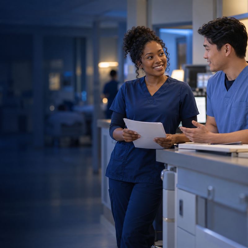 Two nurses in scrubs talking at a nurses’ station during a shift handoff