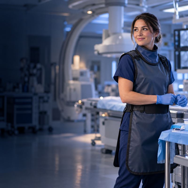 A cath lab nurse in a lead apron and thyroid shield in a cardiac catheterization lab