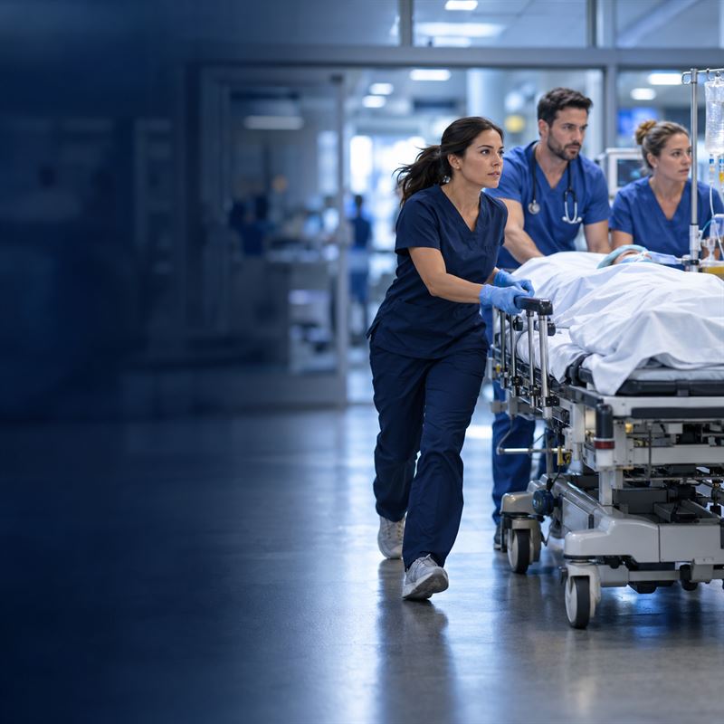 Emergency department nurses moving a patient on a stretcher down a hospital corridor