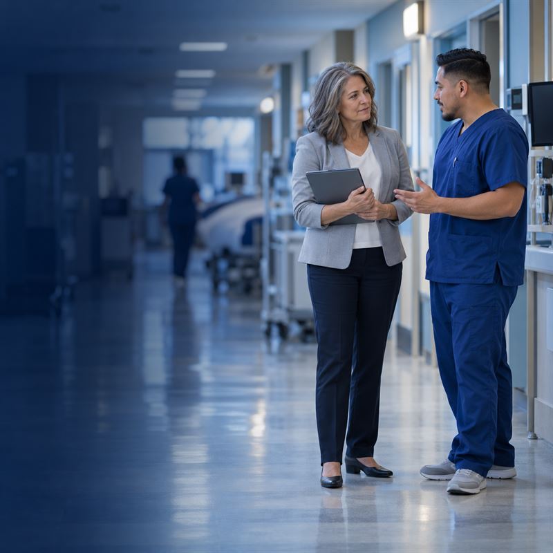 A nurse manager and a charge nurse discussing staffing in a hospital hallway
