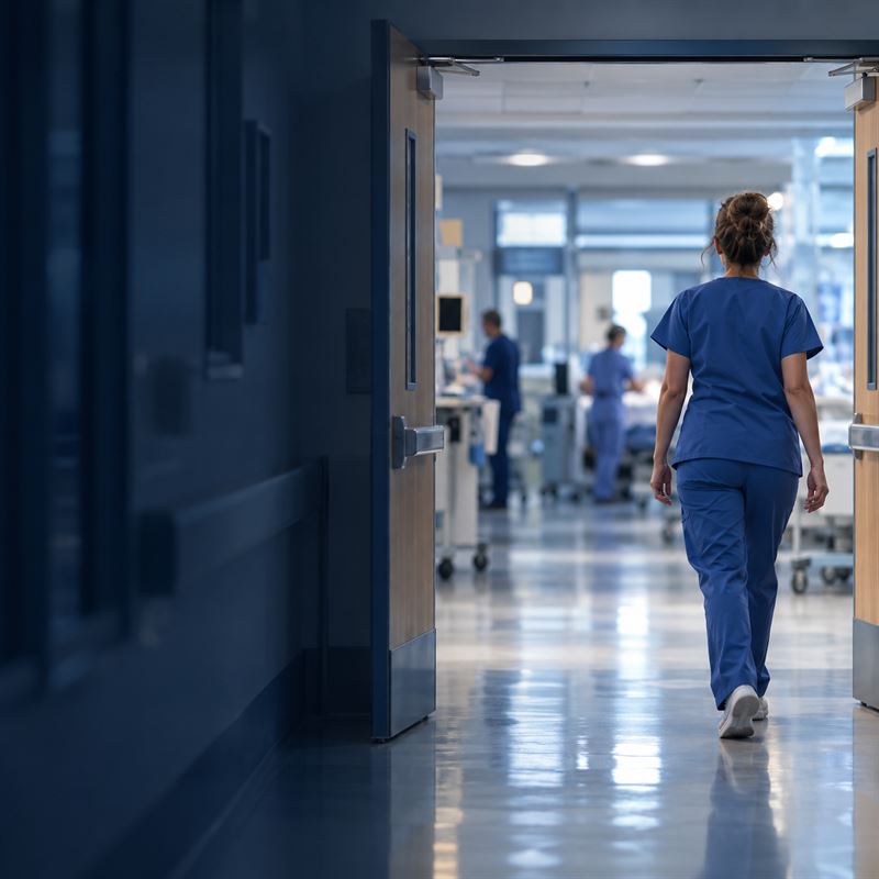 A nurse in scrubs walking through double doors between hospital units
