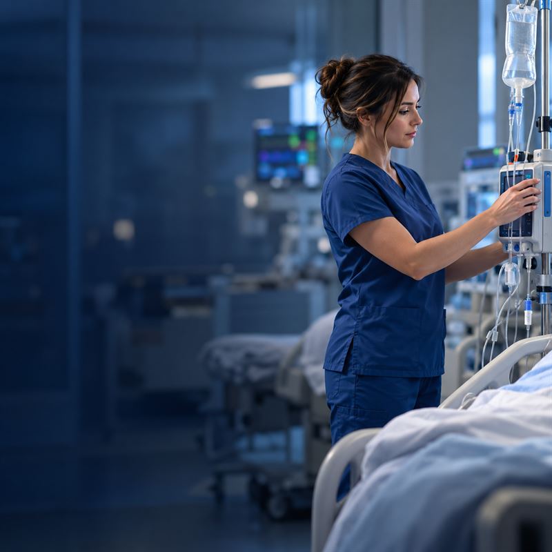 An ICU nurse adjusting an IV pump beside a patient bed in a critical care room
