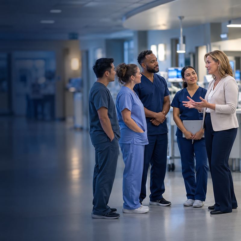 A nurse leader leading a short standing huddle with nurses on a hospital unit