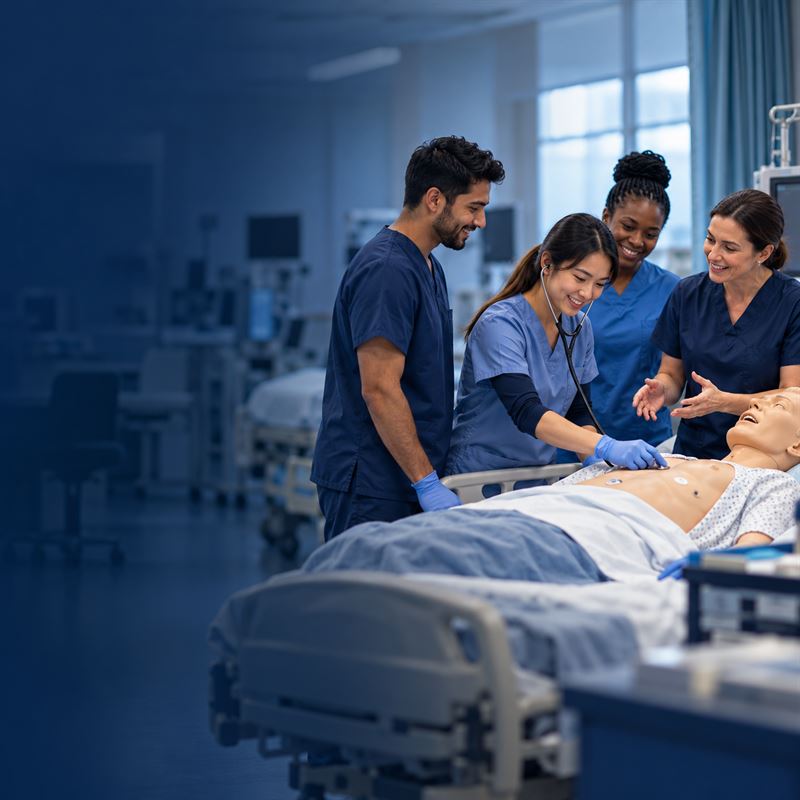 A group of nurses practicing assessment skills on a training mannequin with an instructor