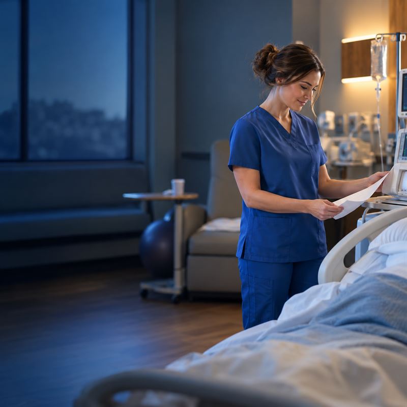 A labor and delivery nurse reviewing a fetal monitor strip beside a birthing bed