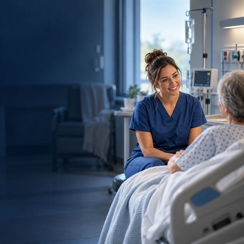 A medical-surgical nurse talking with an older patient sitting up in a hospital bed