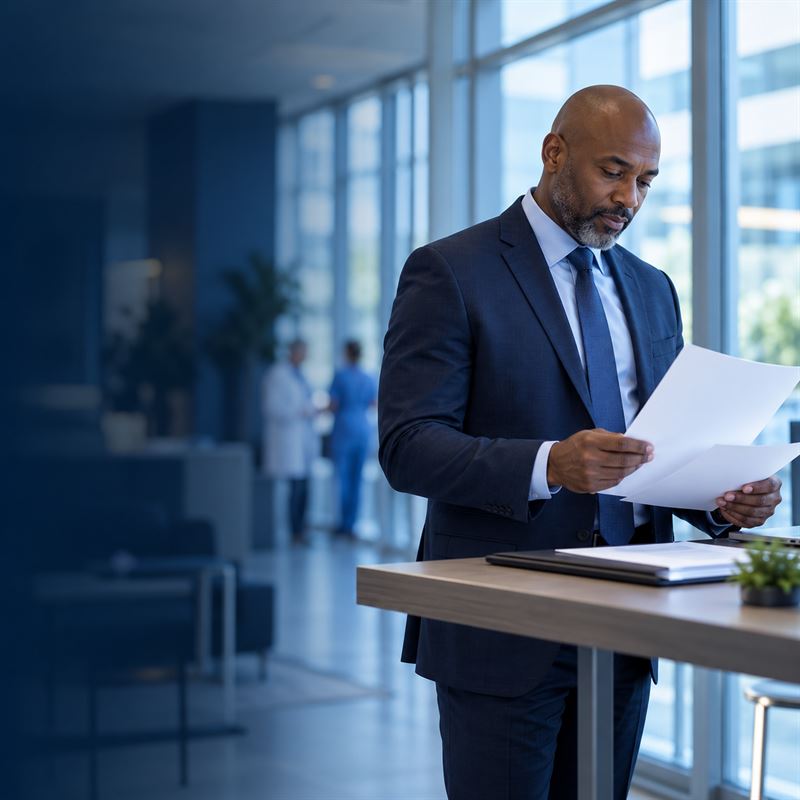 A hospital operations leader reviewing printed papers at a standing desk