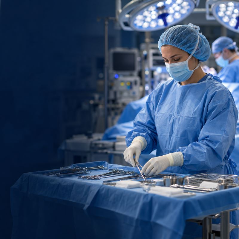 A perioperative nurse in cap, mask and gown preparing sterile instruments in an operating room