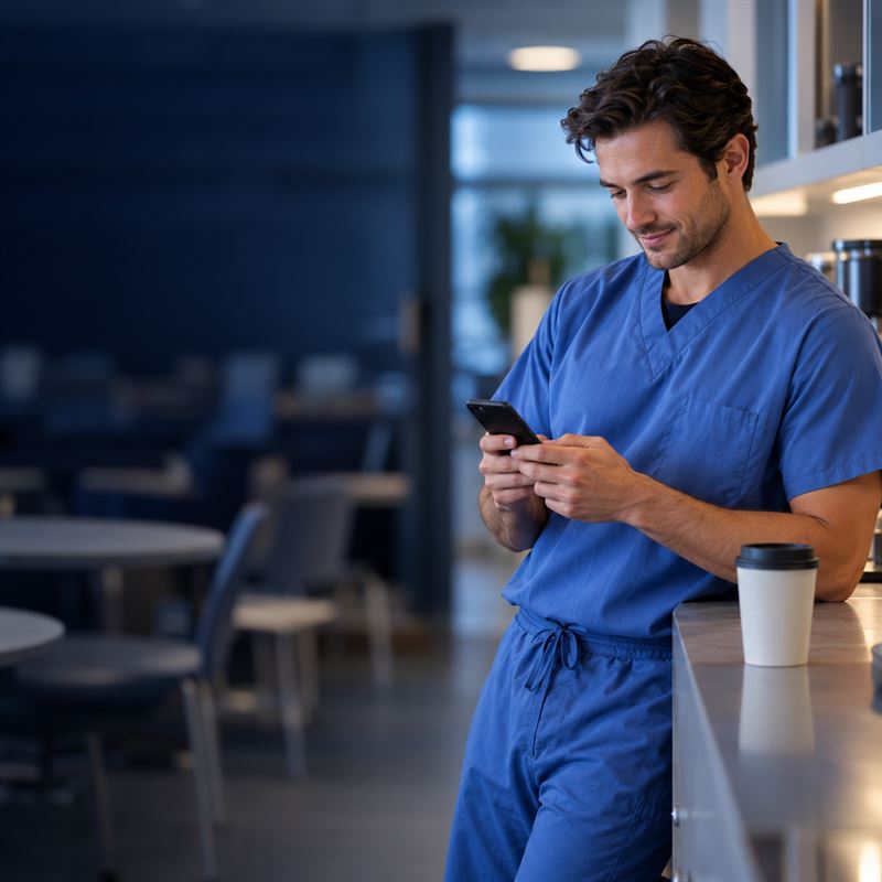 A nurse in scrubs checking his phone in a hospital break room before a shift