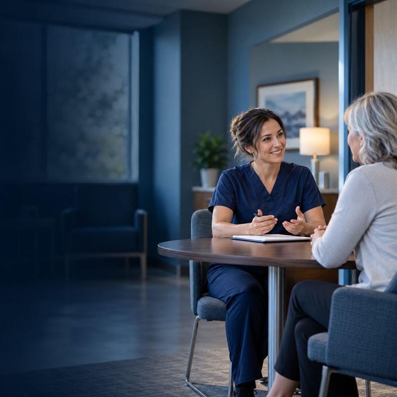 A nurse leader and a hiring manager talking across a table in a small hospital office