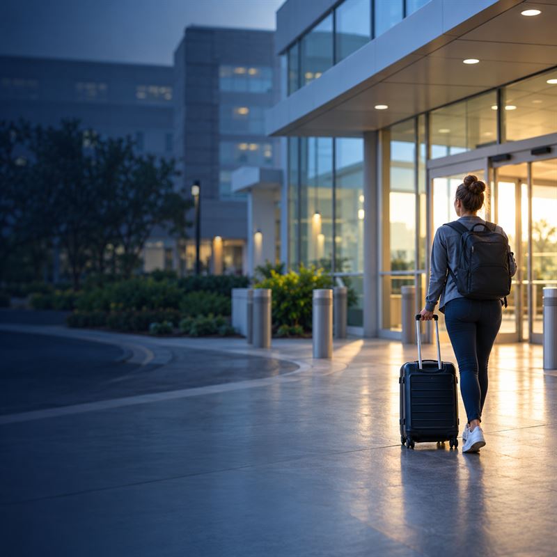 A traveling nurse with a rolling suitcase arriving at a hospital entrance in the early morning